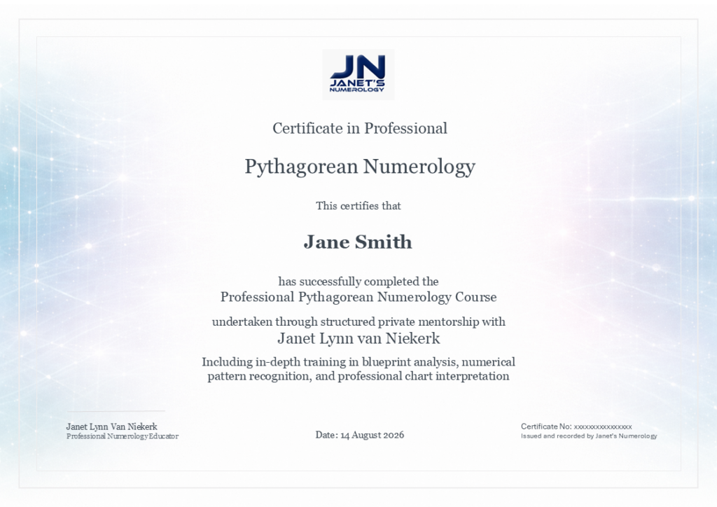 Sample certificate for Janet's professional Pythagorean numerology course